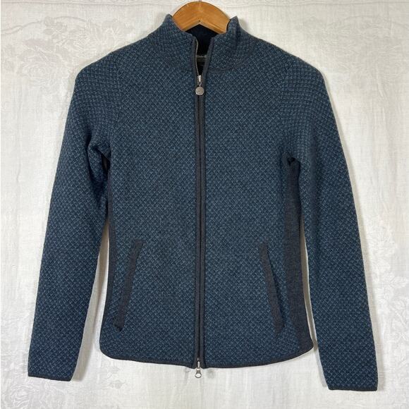 Eddie Bauer Cardigan Sweater Small Gray Blue Micro Print Merino Wool Zip Pockets - Picture 1 of 12